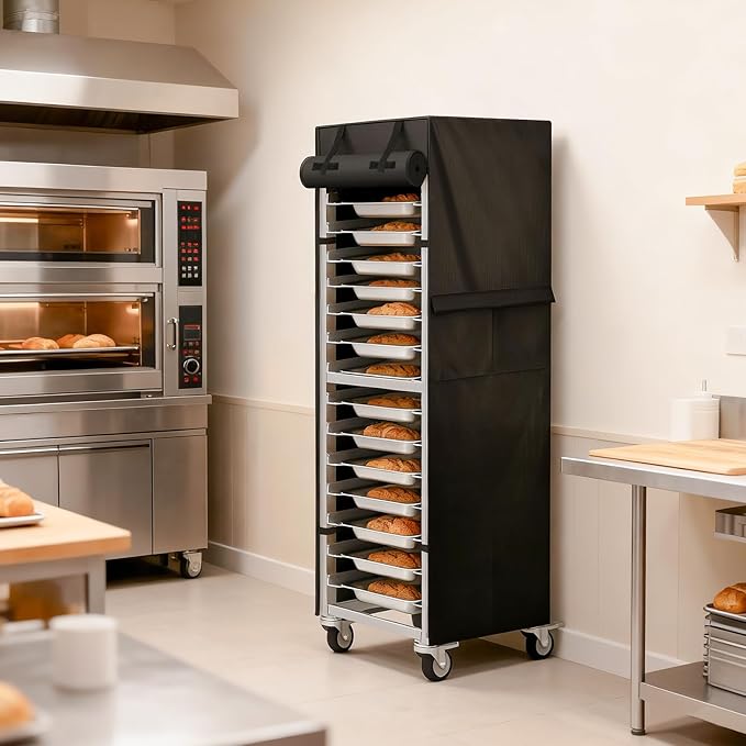 Bread Rack Cover 20-Tier 23×28×64 – 420D Oxford Waterproof &amp Dustproof Speed Rack Cover with Side Storage Pocket Roll-Up Door Zipper – Commercial Bakery Bun/Sheet Pan Rack Protector Black