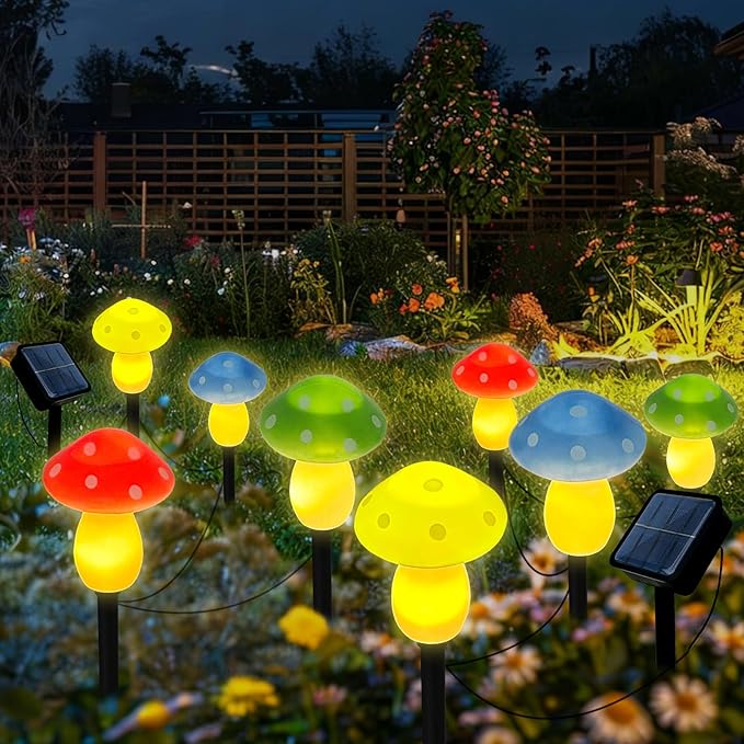 4Pcs Mushroom Solar Lights Outdoor Waterproof Fairy Houses Light Mushroom Garden Decor Decorative Solar Powered Garden Stake Lights for Outside Lawn Walkway Patio Yard (Red/Yellow/Green/Blue)