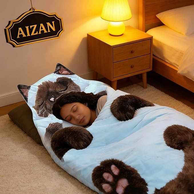Fluffy Cat Sleeping Bag for Human Adults Soft Sleeping Bag Plush Animal Wearable Blanket Washable Adorable Cat Envelope Sleepings Bags for Camping Sleepovers &amp Home Lounging