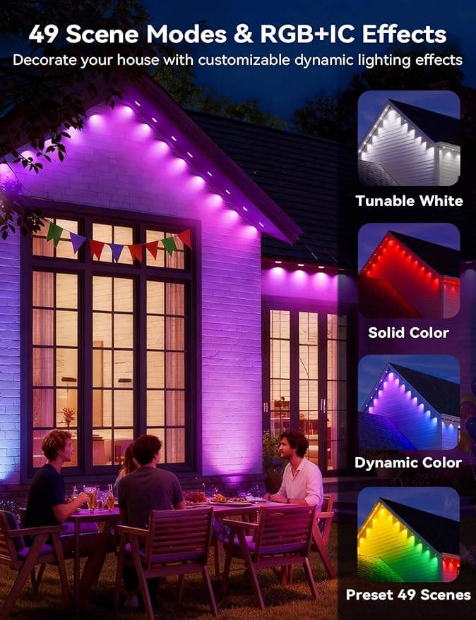 100FT Permanent Outdoor Lights with 60 LED RGB Color Changing String Lights IP67 Waterproof Eaves Light with APP &amp Remote Control 49 Scene Modes Music Sync Mode For Christmas Halloween Part