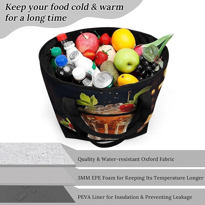 Insulated Shopping BagLarge Reusable Cooler Bags Classic Cocktail Printed Foldable Shopping BagTravel Waterproof Shoulder Bag