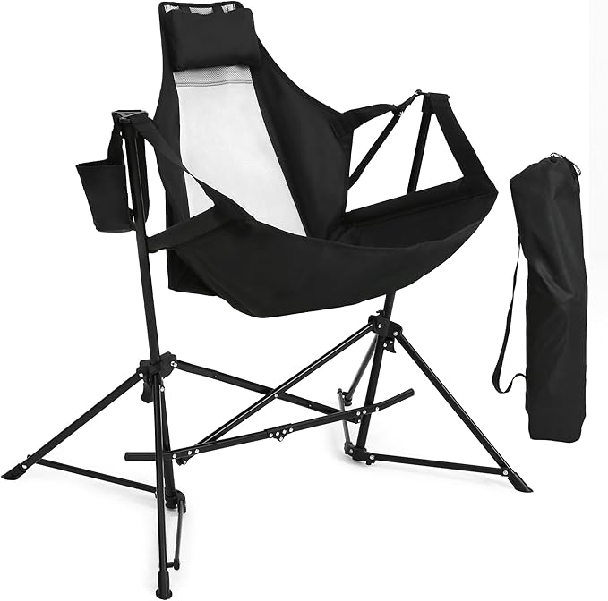 HOMEFUN Hammock Camping Chair - Portable Swinging Chairs for Adults with Stand and Storage Bag Oversized Folding Rocking for Lawn Camp Fishing Hiking Black