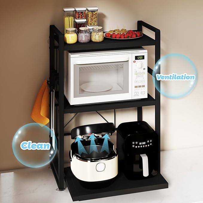 3-Tier Microwave Rack - Height Adjustable &amp Extendable Kitchen Shelf with Drawer - Carbon Steel - Includes Hooks &amp Reinforcement Suction Cups Baker's Rack (Black)