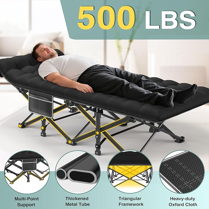 ZENPETIO Camping Cot for Adults Heavy-Duty Portable Cot Bed with Mattress Foldable Padded Sleeping Cots for Camping Travel Tent Day Bed Outdoor &amp Home Guest Max Load 500 LBS 75x28x15”
