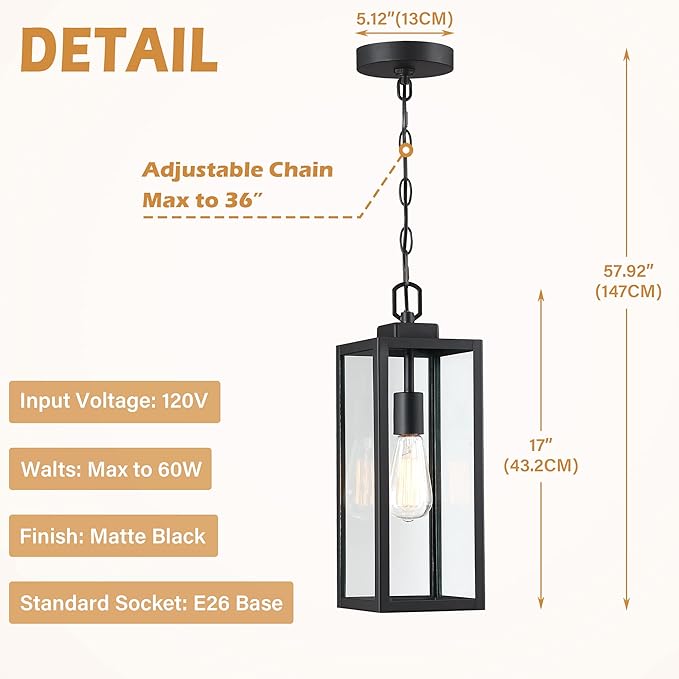 Pia Ricco Outdoor Pendant Light Modern Matte Black Adjustable Exterior Hanging Porch Lighting Waterproof Ceiling Mount Lamp with Clear Glass Shade for Front Porch Entryway Doorway ETL Listed