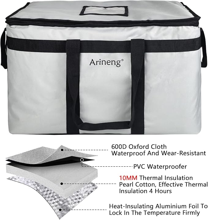 Food Delivery Insulated Bag Insulated Cold Meal Bag Built-in Base Plate For Hot and Cold Food Takeout Commercial Catering Transportation - 23 * 14 * 15 inches (NO Partitioned Grey)