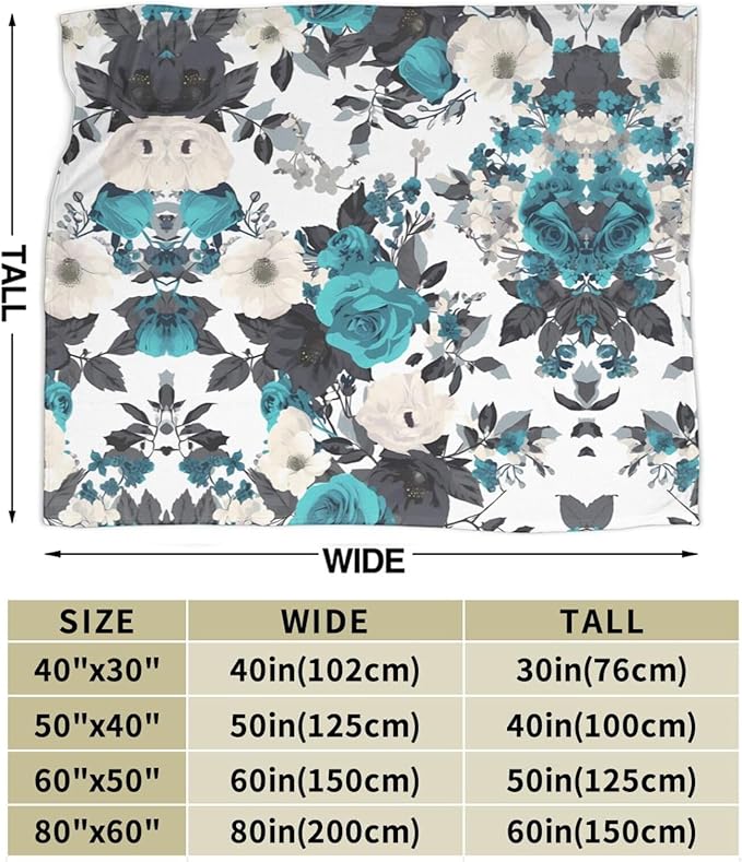 Blankets 60x50 - Lightweight Durable and Compact Anti-Wrinkle Blanket for Bed Sofa Camping Cinema and Travel Black White Teal Gray Rose Flowers Printed
