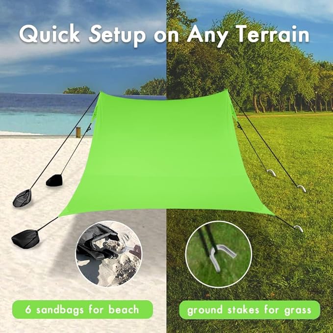 Beach Canopy Windproof Design Sun Shelter UPF50+ Portable Family Tent with 6 Sandbags Anchors 10x10 FT 2 Pole Pop Up Outdoor Shelter for Beach Camping Fishing Backyard