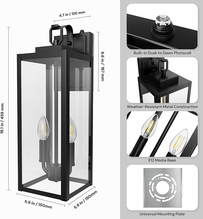 L LOHAS LED 18 Inch Dusk to Dawn Outdoor Wall Lights 2-Light Black Outdoor Wall Sconce Lantern with Clear Glass Shade Tall Transitional Exterior Light Fixtures for Porch Garage ETL Listed 2 Pack