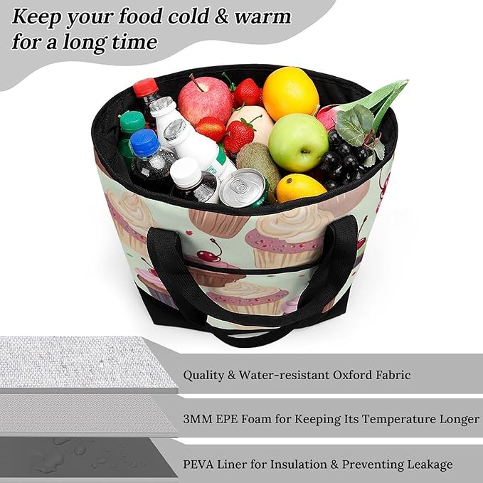 Insulated Shopping BagLarge Reusable Cooler Bags Cupcake Printed Foldable Shopping BagTravel Waterproof Shoulder Bag