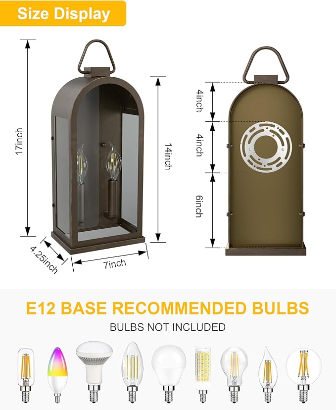 Outdoor Wall Light Fixtures 2-Light Porch Lights Outdoor Matte Bronze Exterior Waterproof Wall Sconce with Glass Shade Outside Lantern for House Garage Doorway Patio Entryway E12 Socket