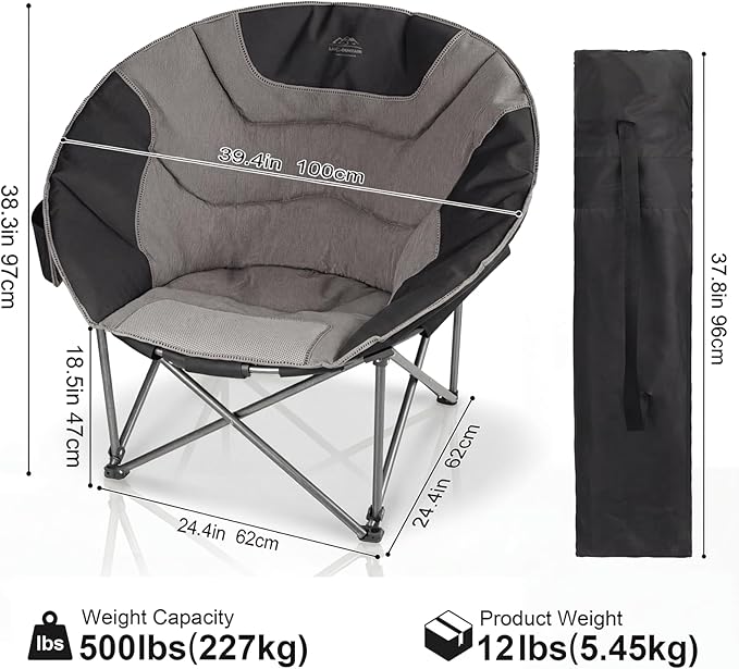 Oversized Portable Moon Camping ChairsRound Folding Lawn Chair w/Cup HolderOutdoor Heavy Duty Supports 500Lbs Comfy ChairPerfect for Family CampHikingPicnics and Beach TripsBlack