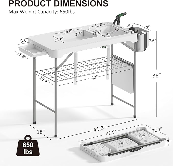 42.5 Fish Cleaning Table with Dual Sink Portable Folding Camping Table with Faucet Sprayer Grid Rack Hose Hook Up &amp Knife Groove Outdoor Sink Station for Picnic Beach Patio
