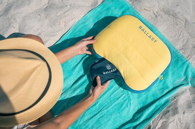 Ballast Beach Pillow – Comfy Durable &amp Compact Stays Put on Windy Beaches with Patented Sand Pouch Inflatable Pillow for Beaches Pools Camping Festivals and Travel (Sunshine Yellow)