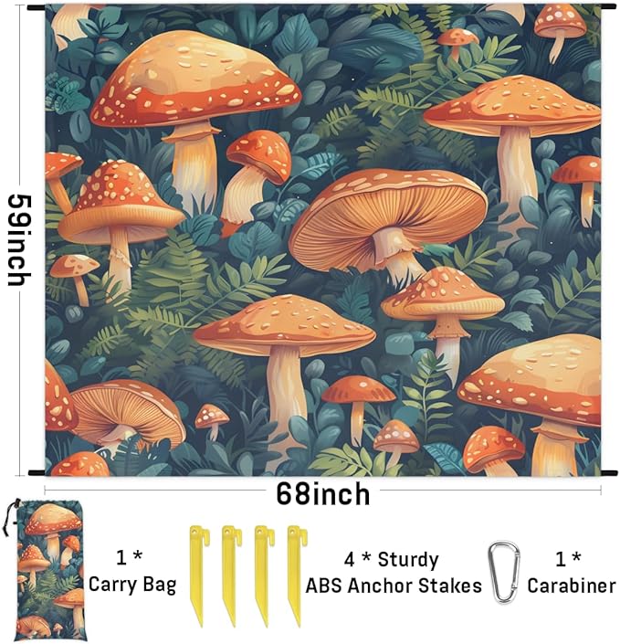 Waterproof Sandproof Beach Blanket 59''×68'' Vegetables Polyester Outdoor Picnic Blanket with 4 Stakes &amp Storage Bag for BeachCampingVacation Umbrella Mushrooms