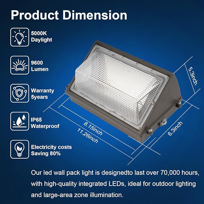 60W LED Wall Pack Light with Dusk to Dawn Photocell9600LM 5000K DaylightAC100-277V Input400W HPS/HID Replacement WarehousesIndustrialBuilding PerimetersGarden GarageETL Listed