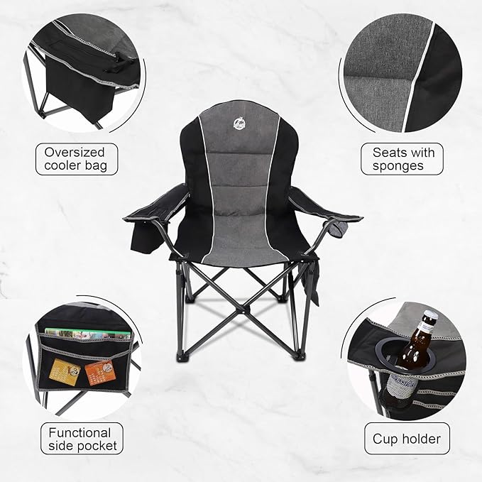 Northroad Oversized Portable Camping Chair Full Padded Outdoor Folding Chair Support 350 LBS Heavy Duty Lawn Chair with Cup Holder Cooler Bag Lumbar Support Head Pocket for Adult-Black