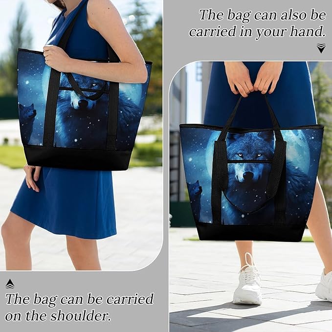 Insulated Shopping BagLarge Reusable Cooler Bags Wolfs Printed Foldable Shopping BagTravel Waterproof Shoulder Bag