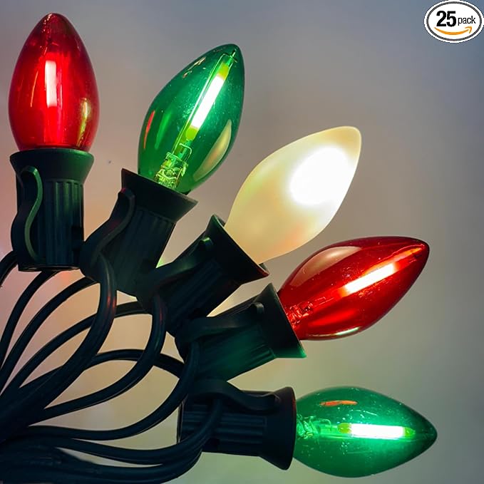 C7 LED Red White and Green Christmas Lights 26Ft Vintage Outdoor Christmas String Lights with 27 LED Colored Bulbs Connectable Hanging Xmas Decorations Lights for Roofline House Garden Patio Party