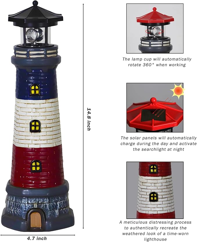 Solar Lighthouse Garden Outdoor Statues Waterproof Lawn Lights Decor Automatic Rotating Solar Lights for Yard Patio Ground Tabletop Decoration Unique Housewarming Gifts - Black