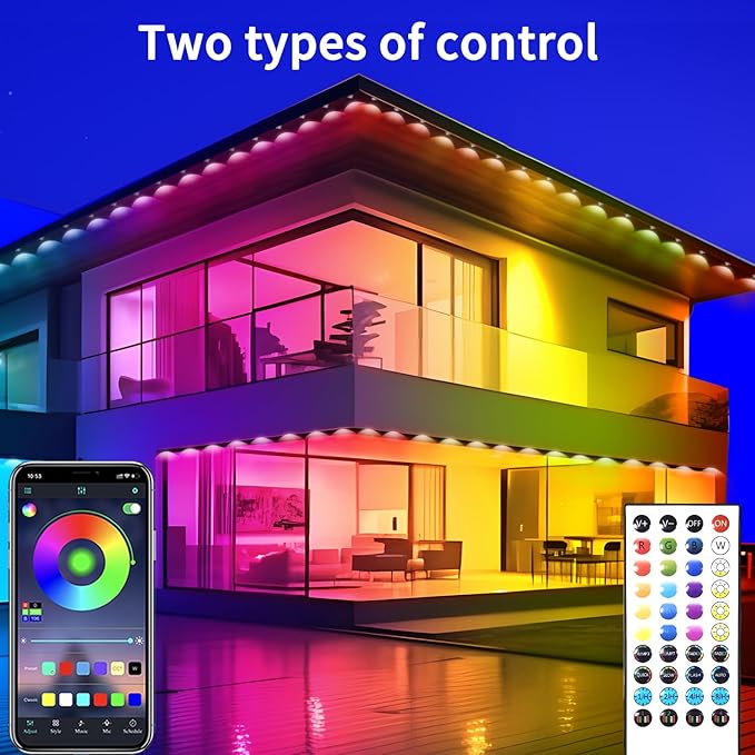 500ft Permanent Outdoor Light RGB Smart Outdoor eave Lights with APP &amp Remote Controltimed Music synchronisation IP67 Waterproof LED eave LightSuitable for PartyHalloweenChristmasRooftopGar