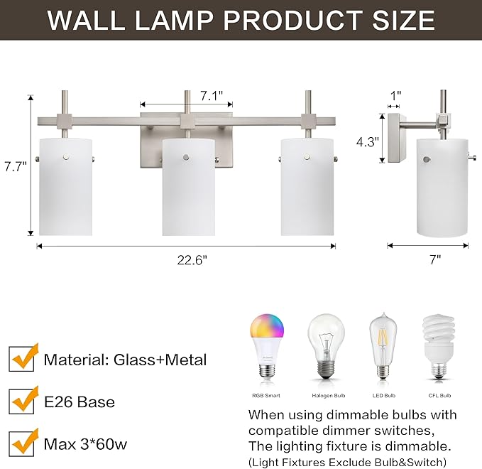 SOLFART Brushed Nickel Bathroom Light Fixtures 3-Light Modern Vanity Light Over Mirror Wall Sconces with Milky White Frosted Glass Shades E26 Socket (Bulbs Not Included)