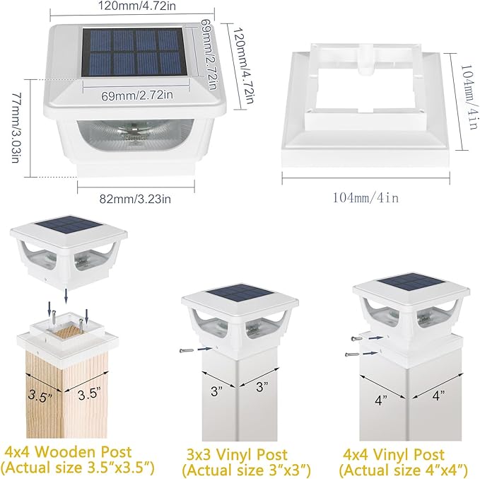 Sumaote 120 Lumen Solar Post Cap Light Outdoor Fits 4 x 4 Wood 3x3 &amp 4x4 PVC/Vinyl Posts 3000K Warm White Fence Deck Post Lights Solar Powered for Garden Yard Railing IP65 Waterproof 4 Pack