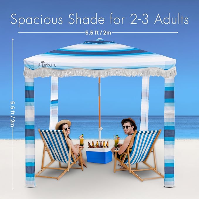 Premium Beach Cabana - Umbrellissimo Signature Blue Ombre. Includes Sand Anchor Designer Canvas Prints &amp Fringe finishes Sand Pockets pegs Carry Bag. Easy Set up 6.6'x6.6' of Cool UPF50+ Shade