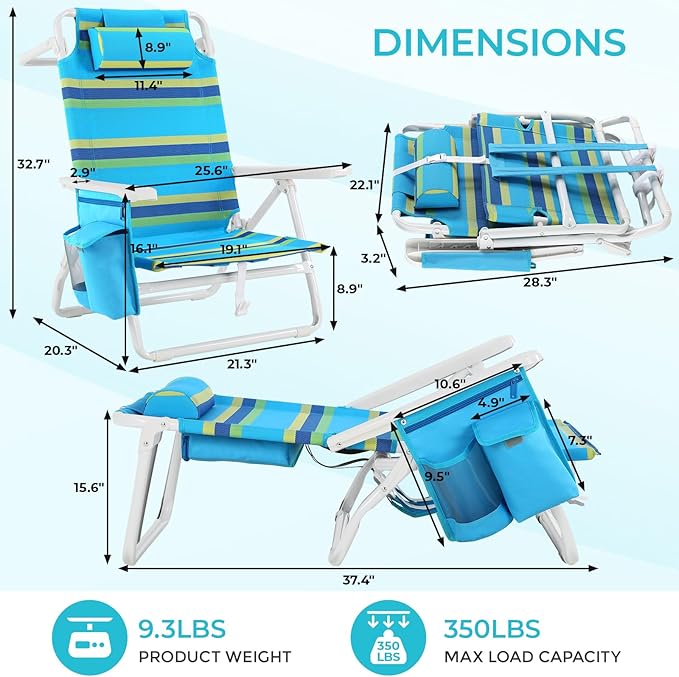 TLSUNNY 25 W Low Beach Chair for Adults W/5-Position Lay Flat &amp Cooler Pouch Folding Backpack Beach Chair W/Headrest Storage Bag Towel Bar Foot Mat for Camping350LBS(1 Blue/Green 8.9″)