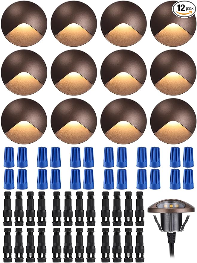 LEONLITE 12-Pack Recessed Low Voltage LED Deck Light Anti-Glare 12-24V AC/DC Recessed LED Step Riser Light IP65 Outdoor Step Stair Lights 3000K Warm White Aluminum Housing Oil Rubbed Bronze