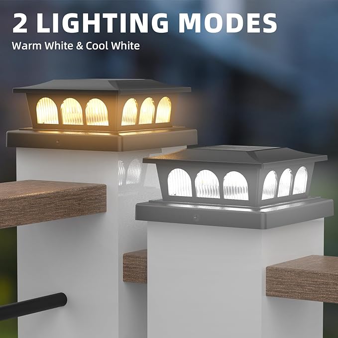 12 Pack Solar Post Cap Lights Warm White &amp Cool White Auto On/Off Waterproof Fence Post Solar Lights for 4x4 5x5 6x6 Wood/Vinyl Posts Fence Deck Patio Garden Decor (Black)
