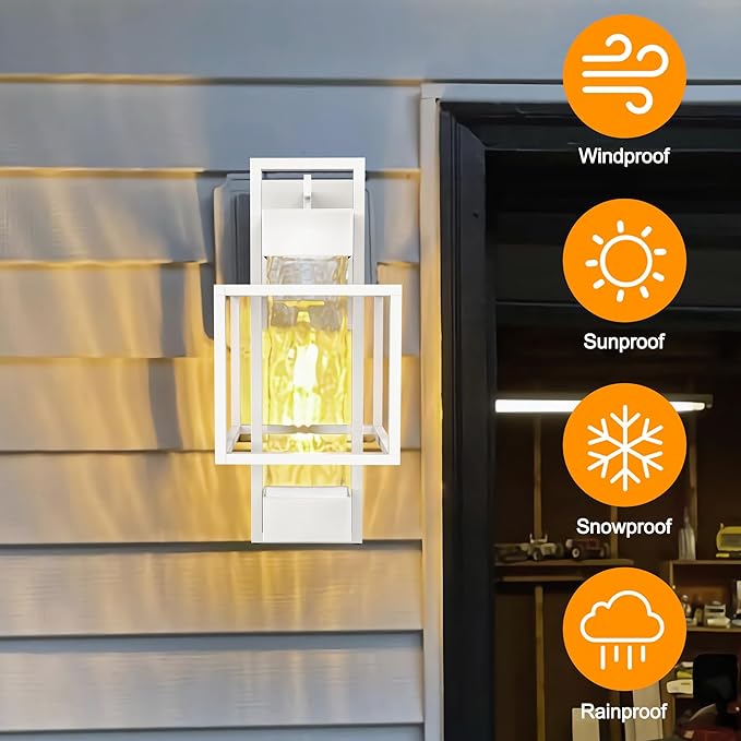 PARTPHONER Modern Outdoor Light Fixture Dusk to Dawn Outdoor Lighting 15 H Exterior Wall Sconce Waterproof Porch Light Outside Light for House with Water Glass for Garage Doorway White