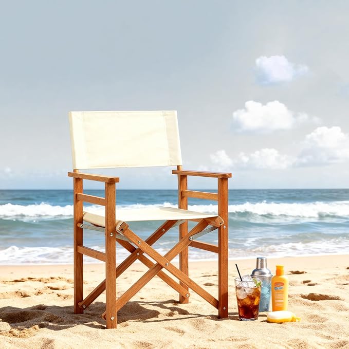 VINGLI Widen Folding Director Chair Set of 2 with Sturdy Wooden Frame &amp Beige Canvas Portable Durable for Outdoor Patio Camping Use Off-White