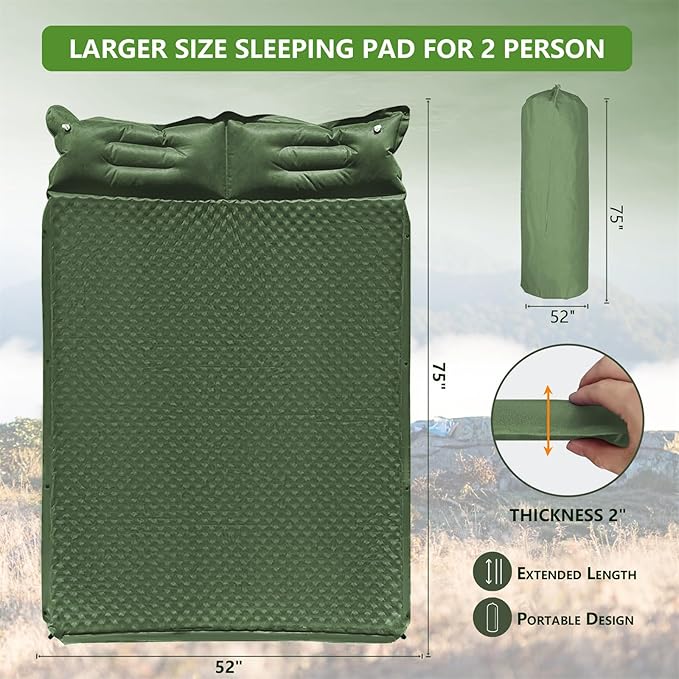 Double Camping Sleeping Pad with Pillow 2 Memory Foam Camping Mattress 2 Person 5R Insulated Self Inflating Camping Pad Air Mattress Inflatable Sleeping Mat for Tent Backpacking Hiking (Green)