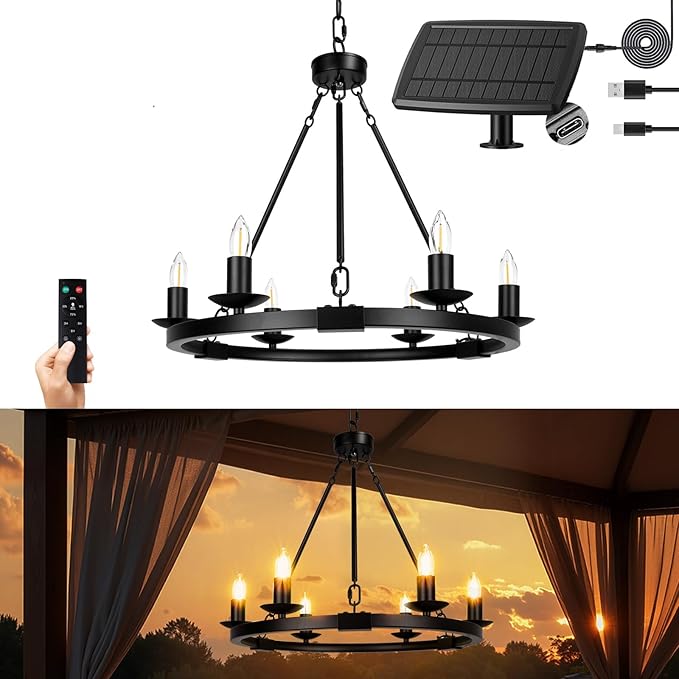 Solar Outdoor Chandelier 6-Light 19 Chandelier Outdoor Waterproof Dimmable Hanging Pendant Lights Farmhouse Style for Gazebo Porch Patio Pergola Decor Lighting