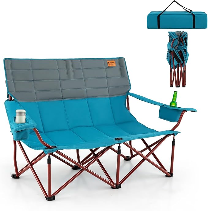Goplus Double Camping Chair for Adults Low Outdoor Folding Loveseat Couch Chair w/Cup Holders Thick Padding Heavy-Duty 2 Person Lawn Chair for Beach Picnic Travel Supports 660 LBS(2-Person Seat)