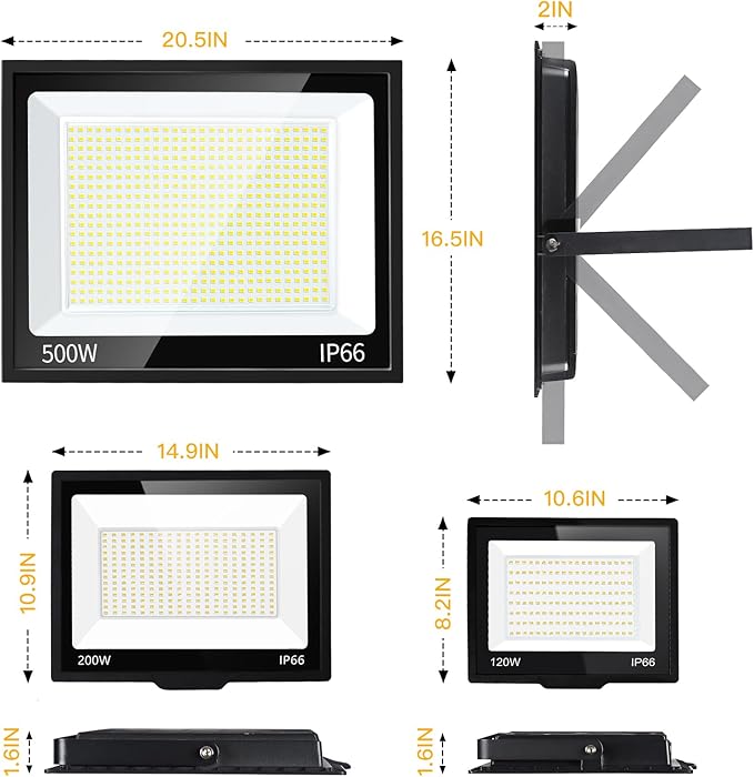2 Pack 500W LED Flood Light 60000LM Brighter Lights with US Plug + 10ft Cord IP66 Waterproof Outdoor Lights 5000K White Floodlight for Sports Court Garden Stadium Playground Arena