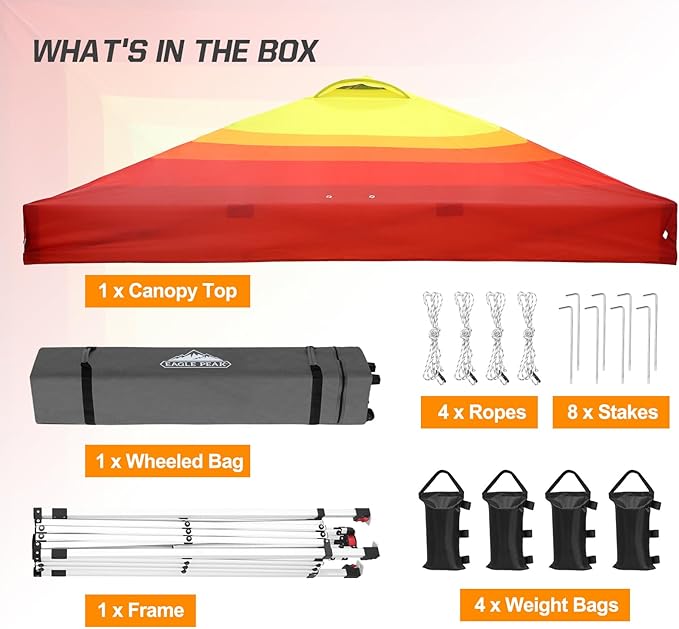 EAGLE PEAK Pop Up Canopy Tent with Wheeled Carry Bag 8 Stakes 4 Ropes 4 Weight Bags Easy Set Up Tent Canopy 10x10 ft 100sqft of Shade Sunset Stripe