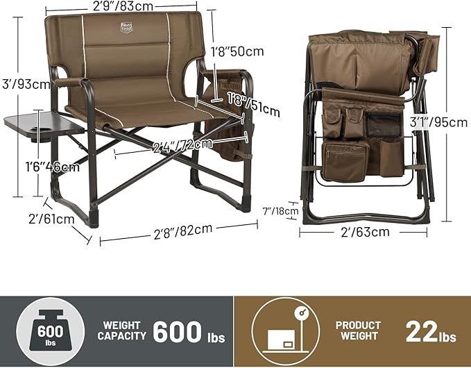 TIMBER RIDGE XXL Upgraded Oversized Directors Chairs with Foldable Side Table Detachable Side Pocket Heavy Duty Folding Camping Chair up to 600 Lbs Weight Capacity (Brown) Ideal Gift 2 Pack