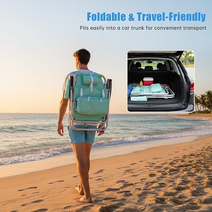 SUNNYFEEL Low Beach Chairs for Adults 5 Position Lay Flat Portable Folding Backpack Beach Chair Heavy Duty with Cooler Bag Cup Holder for Outdoor/Lawn/Picnic/Sand Foldable Camping Chair