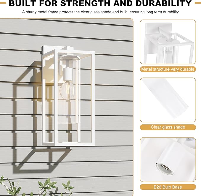 15.7 Inch Outdoor Wall Lights Outdoor Wall Lantern with Circular Clear Glass Shade Waterproof Exterior Lighting Fixtures Modern Front Porch Lighting for House Garage E26 Base ETL Listed White