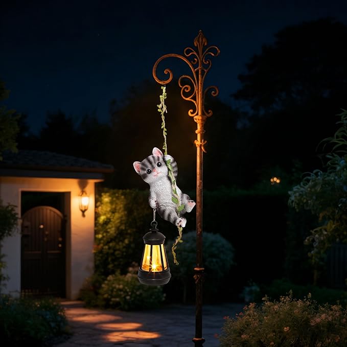 Solar Hanging Cat Statue Outdoor Resin Black Cat Figurine with LED Lights Kitty Animal Ornament for Garden Fence Porch Patio Yard Decor Dusk to Dawn Auto On/Off