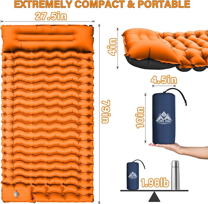 Camping Sleeping Pad Ultralight Camping Pad with Pillow Built-in Foot Pump Inflatable Sleeping Pads Compact for Camping Backpacking Hiking Traveling - Orange