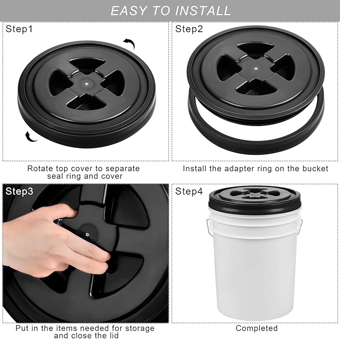 Aodaer 4 Pieces Seal Lid 5 Gallon Bucket Twist Lid Food Storage Container Lid Reusable Plastic Seal Lid Food Storage Container Lids (Black White)