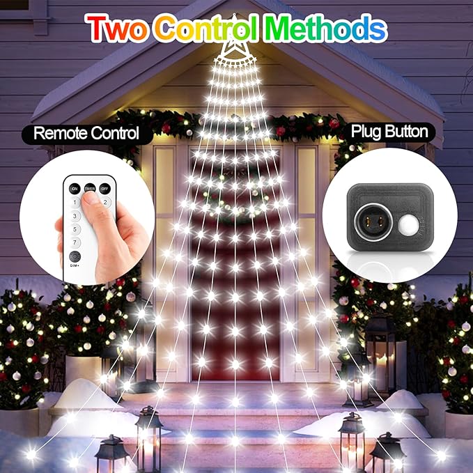 Christmas Decorations Star Lights Outdoor 11.48ft 350 LED Waterfall Tree Lights with 8 Modes Timer Remote Plug in Christmas Lights for Indoor Yard Patio Home Holiday Party Decor Pure White