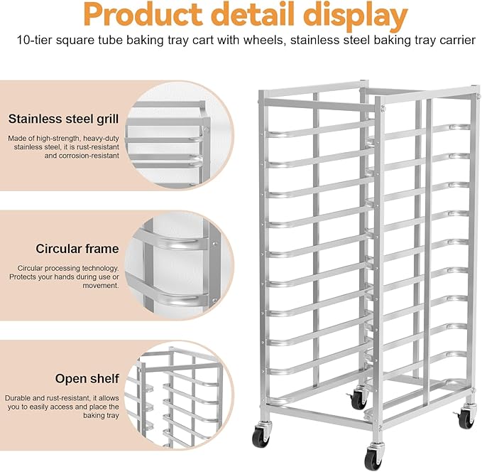 10-Tier Half &amp Full Sheet Pan Rack with Wheels Commercial Bread Baking Rack for Oven Cooling Speed Rack for Kitchen Restaurant and Home Easy Assembly Movable &amp Detachable