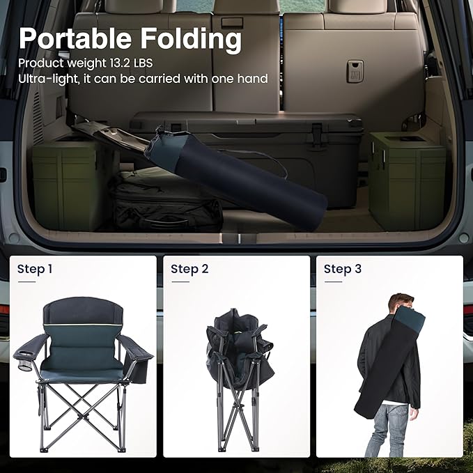 HIGH POINT SPORTS Oversized Camping Folding Chair Heavy Duty Portable Outdoor Chair Foldable Camp Chair with Cup Holder and Cooler Bag Support 450 LBS 2 Pack Green