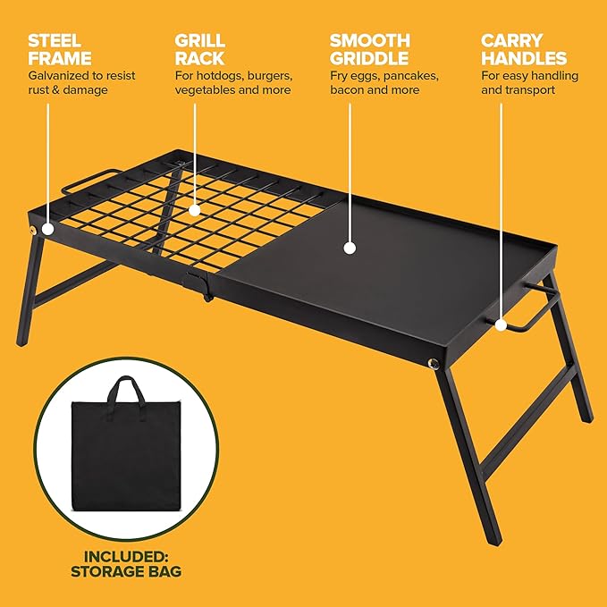 Carbon Steel Foldable Campfire Grill – Portable Grill Grate &amp Griddle with Large Non-Stick Surface Sturdy Fold-Out Legs Compact for Storage Use Over Fire Pit