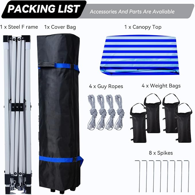 Nazhura 10' x 10' Pop Up Canopy with Sand Weight Bag Awing for Patio Freestanding Sun Shelter for Picnic and Camping One Person Setup White (Blue Stripe)