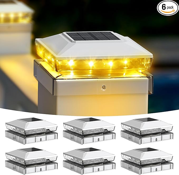 Solar Post Cap Lights 6 Pack Upgraded Outdoor Deck Fence Post Solar Lights for 4x4 5x5 Wood/Vinyl Posts IP65 Waterproof 10-12 Hours Warm White Glow for Garden/Patio/Porch - White